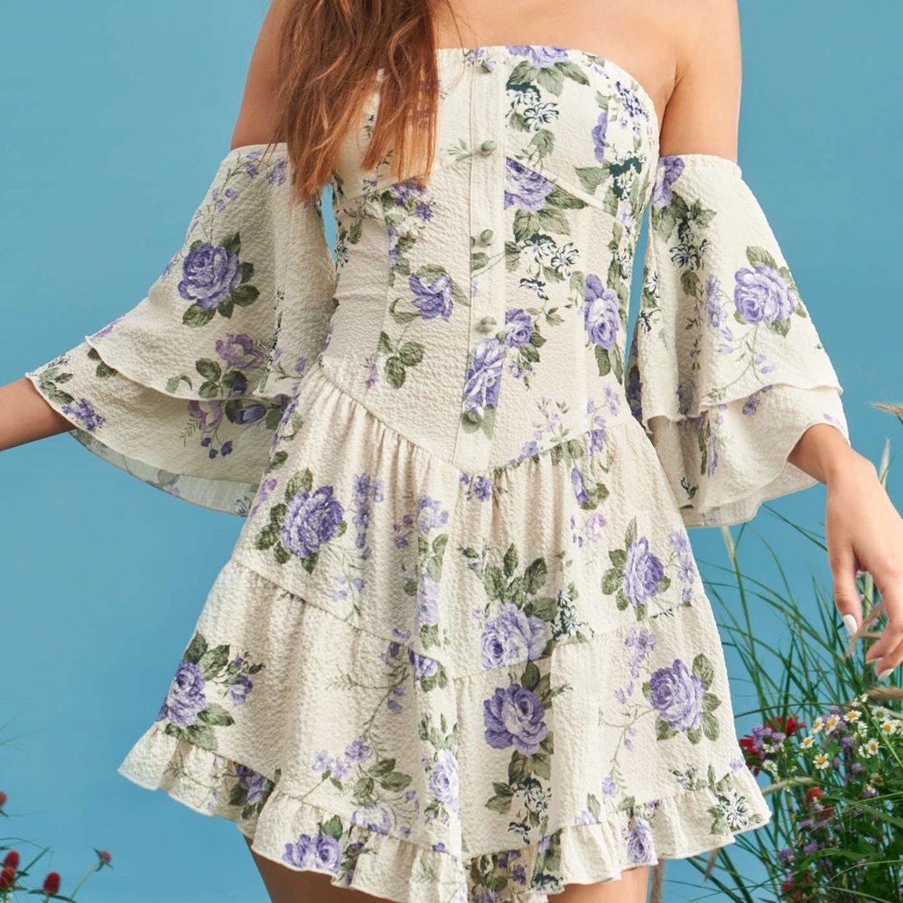 FLORAL RUFFLE SLEEVE LAYERED MINI DRESS
